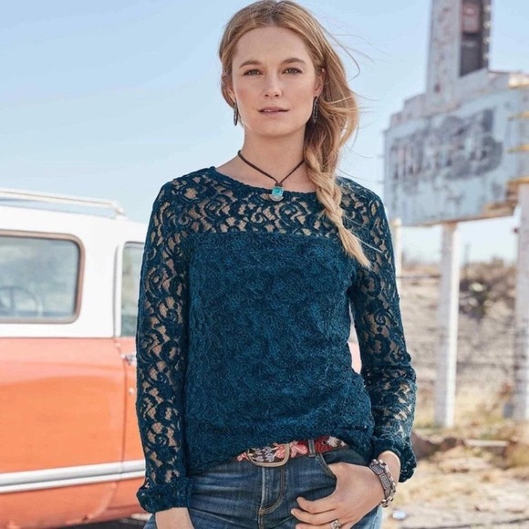 Sundance Tops - Sundance NWT -1755 Teal Blue Floral Lace Long Sleeve Lined Top Boat Neck Medium
